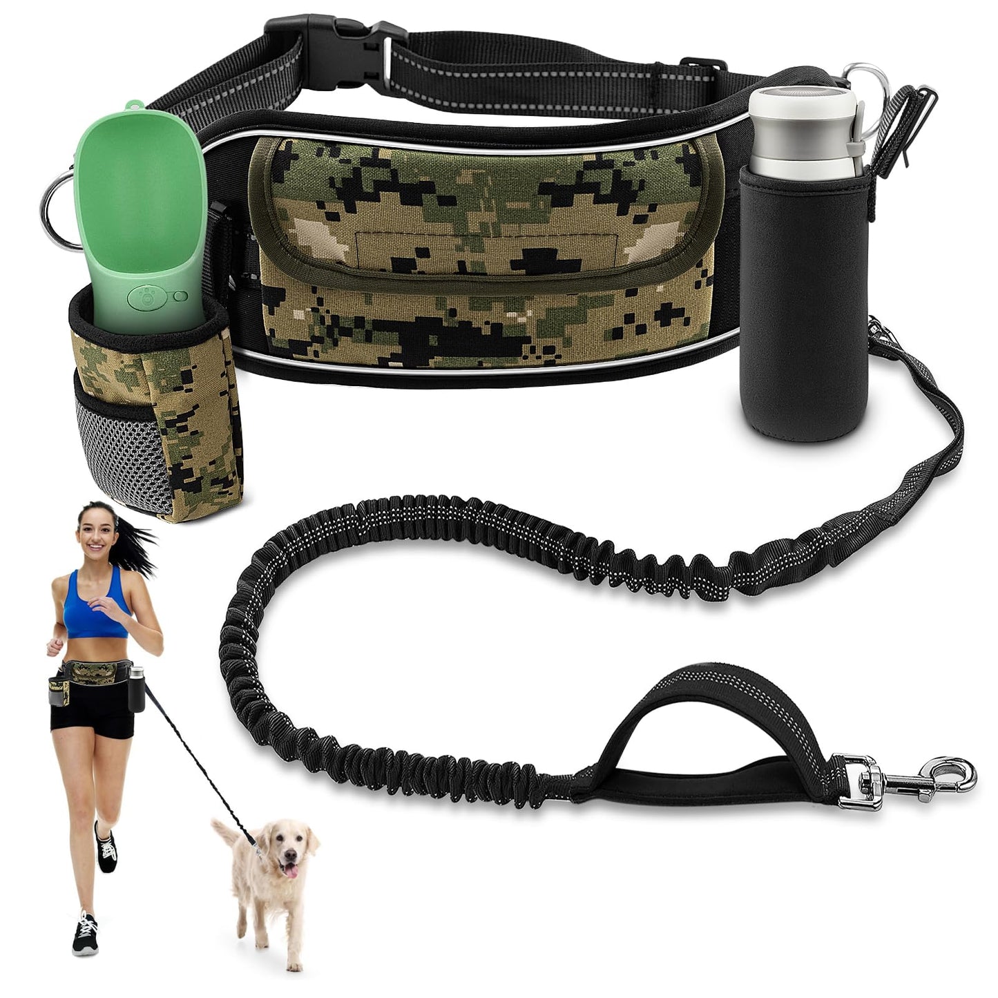 TECSPACE Hands Free Dog Leash Dog Walking Fanny Pack with Leash - Waist Leash for Dog Walking with Water HolderAdjustable Dog Running Leash Belt for Training Jogging Hiking (Forest Camouflage/L)